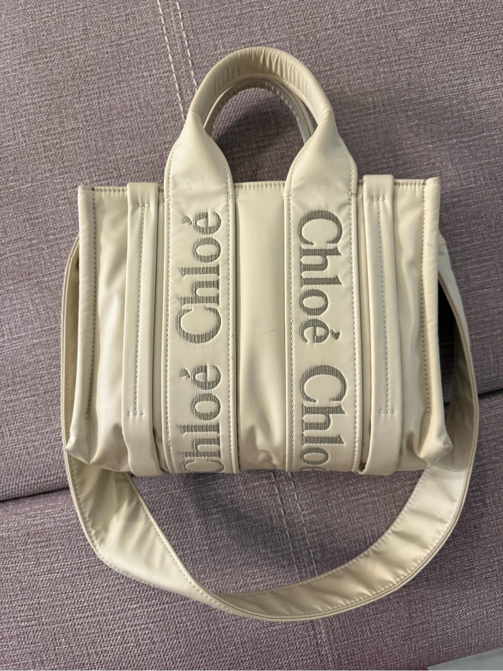Woody Small Tote Bag with crossbody strap - Chloe - dusty ivory color
